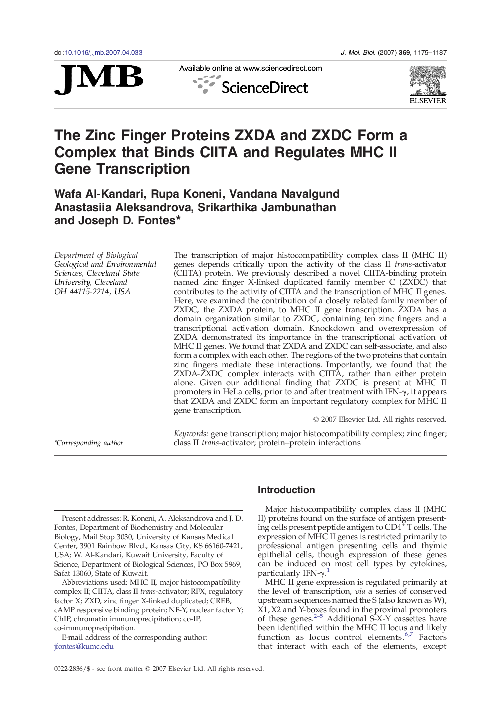 The Zinc Finger Proteins ZXDA and ZXDC Form a Complex that Binds CIITA and Regulates MHC II Gene Transcription