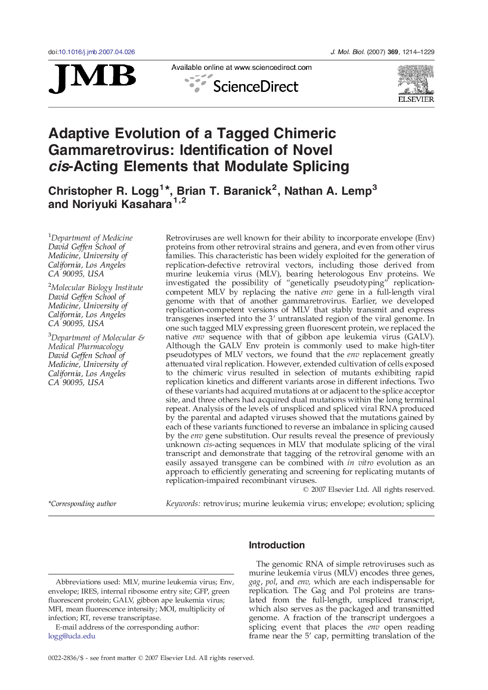 Adaptive Evolution of a Tagged Chimeric Gammaretrovirus: Identification of Novel cis-Acting Elements that Modulate Splicing