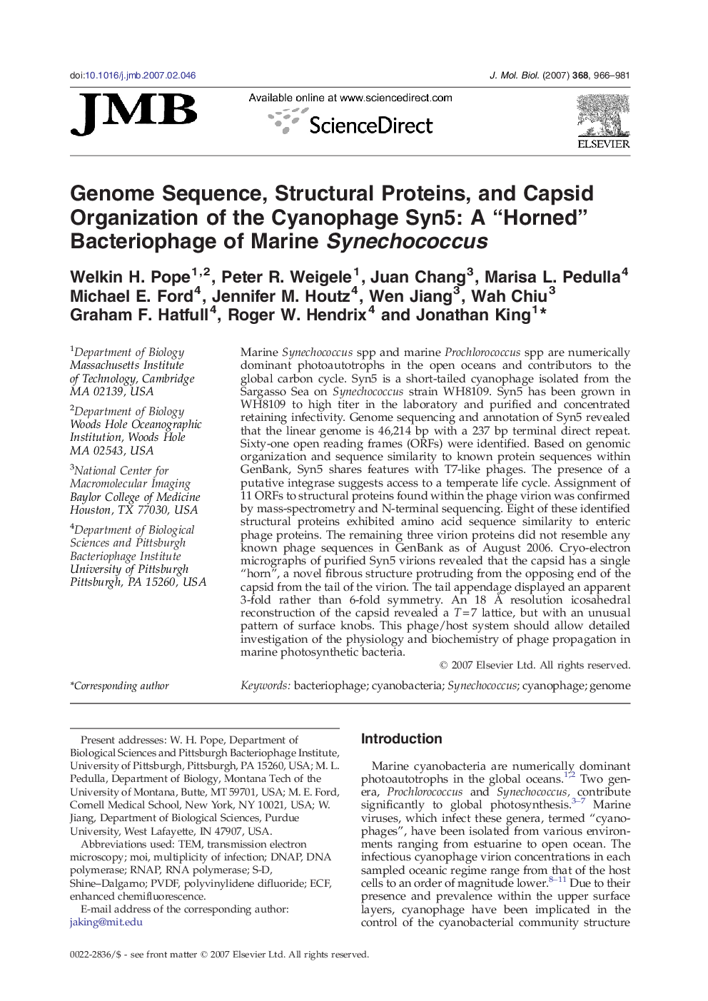 Genome Sequence, Structural Proteins, and Capsid Organization of the Cyanophage Syn5: A “Horned” Bacteriophage of Marine Synechococcus