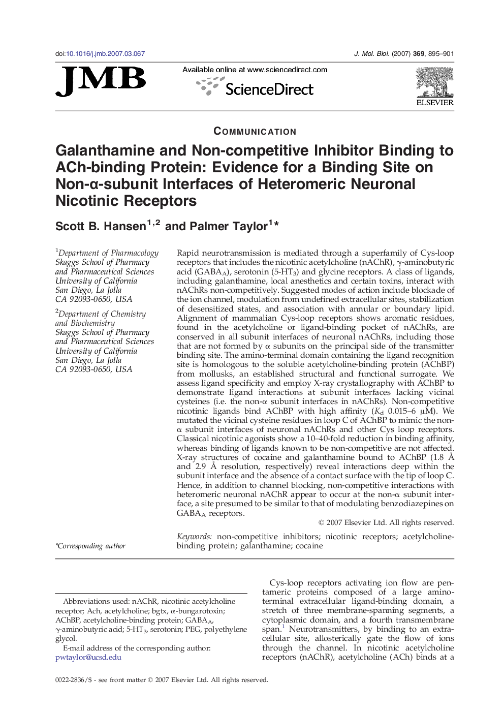 Galanthamine and Non-competitive Inhibitor Binding to ACh-binding Protein: Evidence for a Binding Site on Non-α-subunit Interfaces of Heteromeric Neuronal Nicotinic Receptors