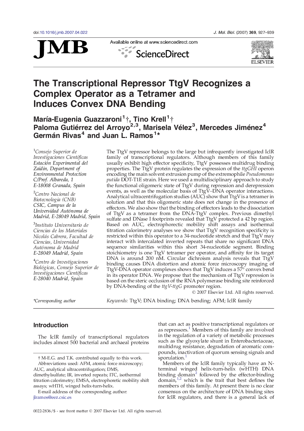 The Transcriptional Repressor TtgV Recognizes a Complex Operator as a Tetramer and Induces Convex DNA Bending