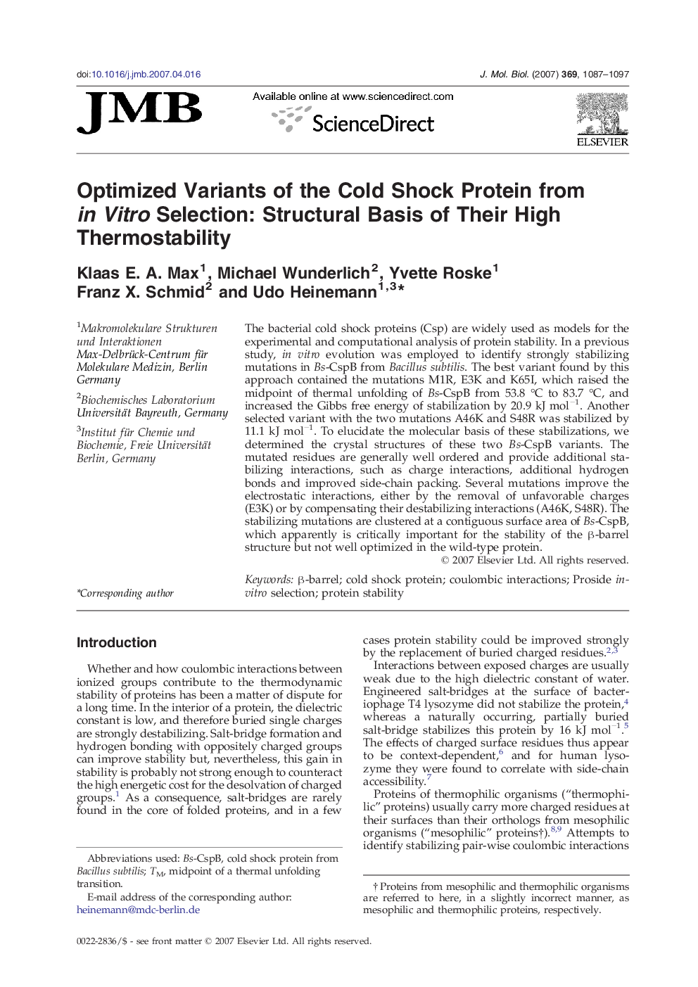 Optimized Variants of the Cold Shock Protein from in Vitro Selection: Structural Basis of Their High Thermostability