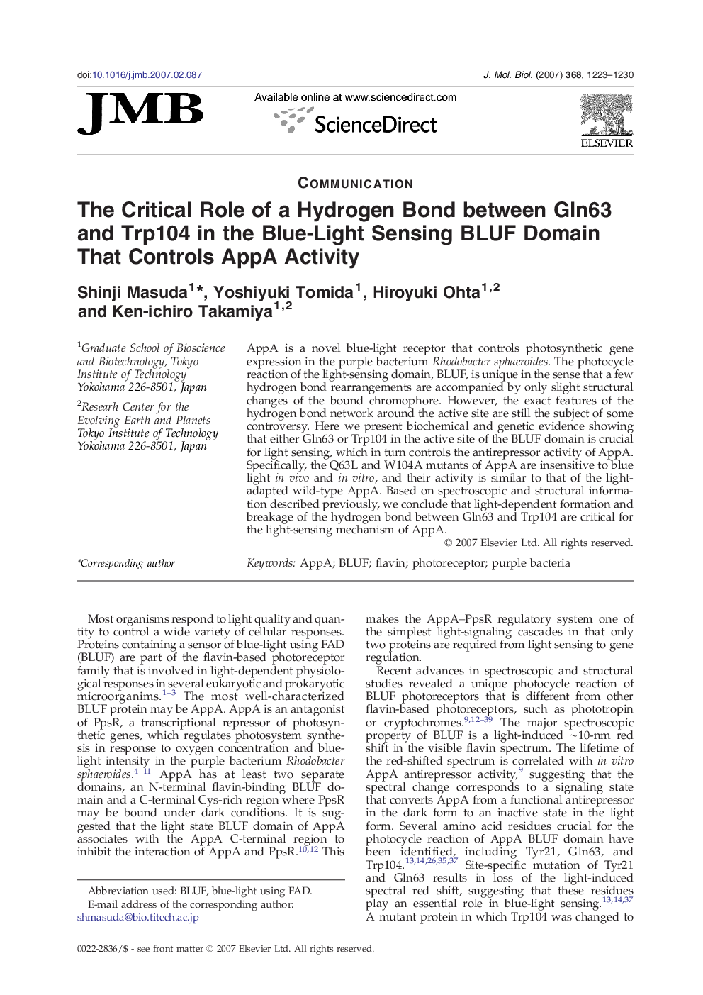 The Critical Role of a Hydrogen Bond between Gln63 and Trp104 in the Blue-Light Sensing BLUF Domain That Controls AppA Activity