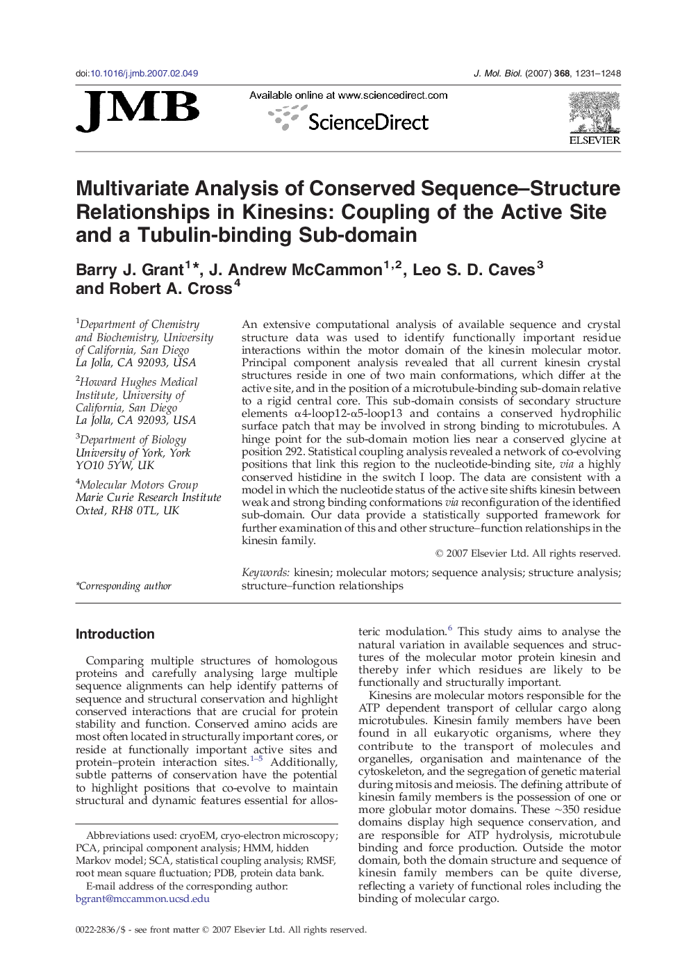 Multivariate Analysis of Conserved Sequence–Structure Relationships in Kinesins: Coupling of the Active Site and a Tubulin-binding Sub-domain