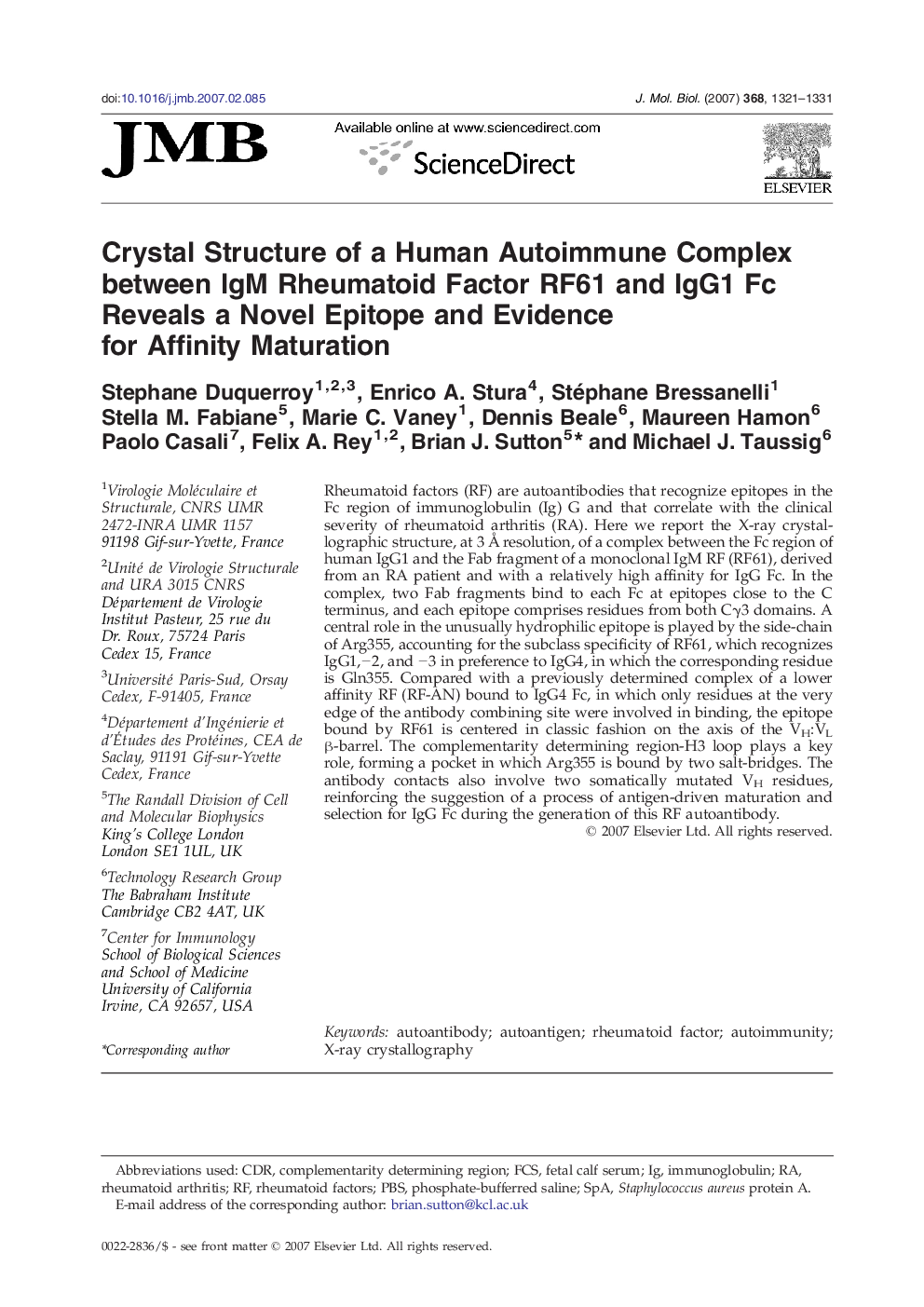 Crystal Structure of a Human Autoimmune Complex between IgM Rheumatoid Factor RF61 and IgG1 Fc Reveals a Novel Epitope and Evidence for Affinity Maturation