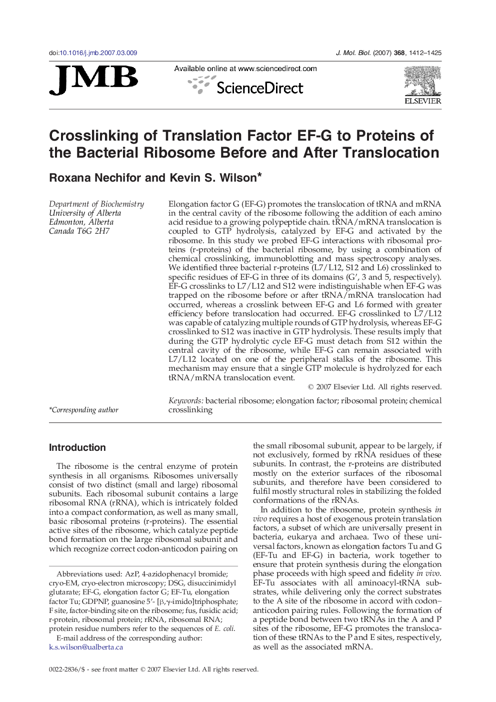 Crosslinking of Translation Factor EF-G to Proteins of the Bacterial Ribosome Before and After Translocation