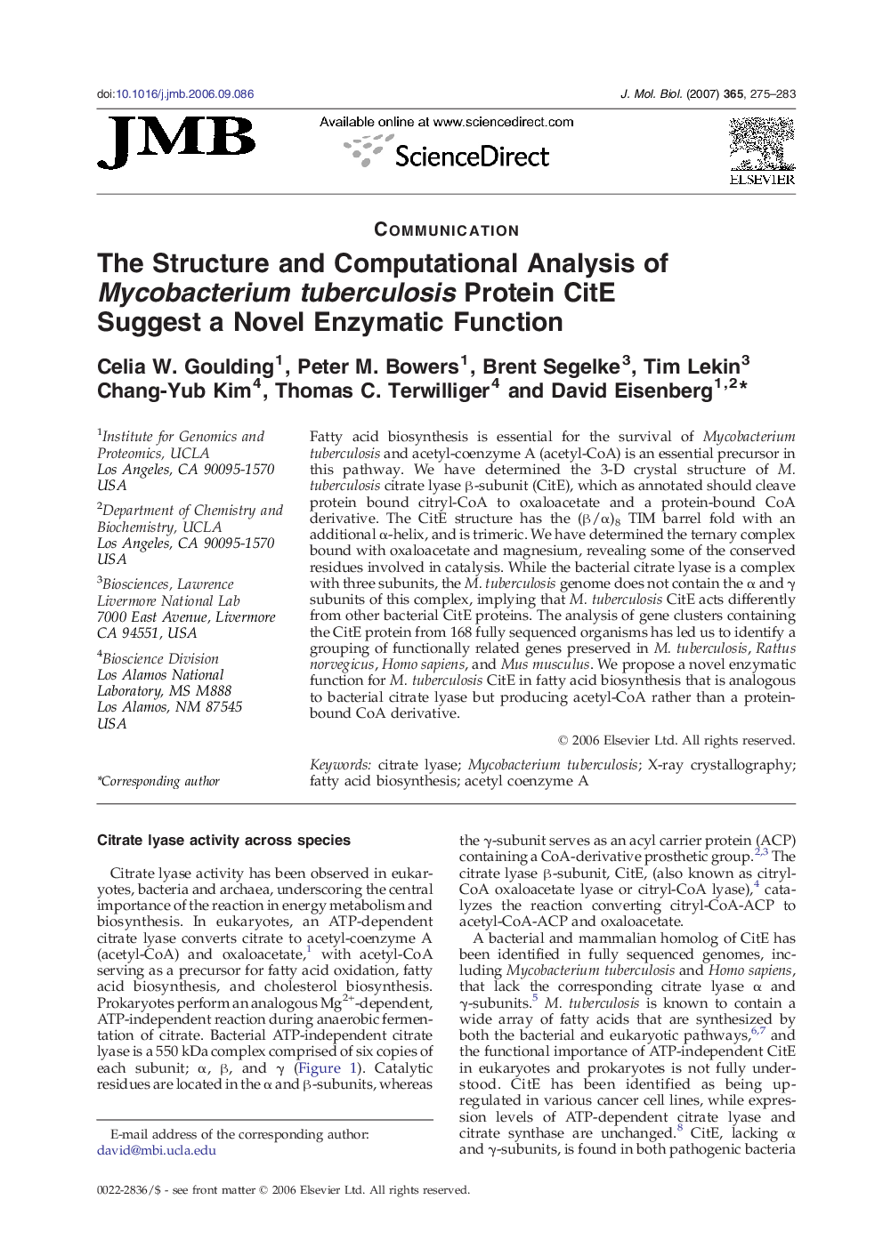 The Structure and Computational Analysis of Mycobacterium tuberculosis Protein CitE Suggest a Novel Enzymatic Function