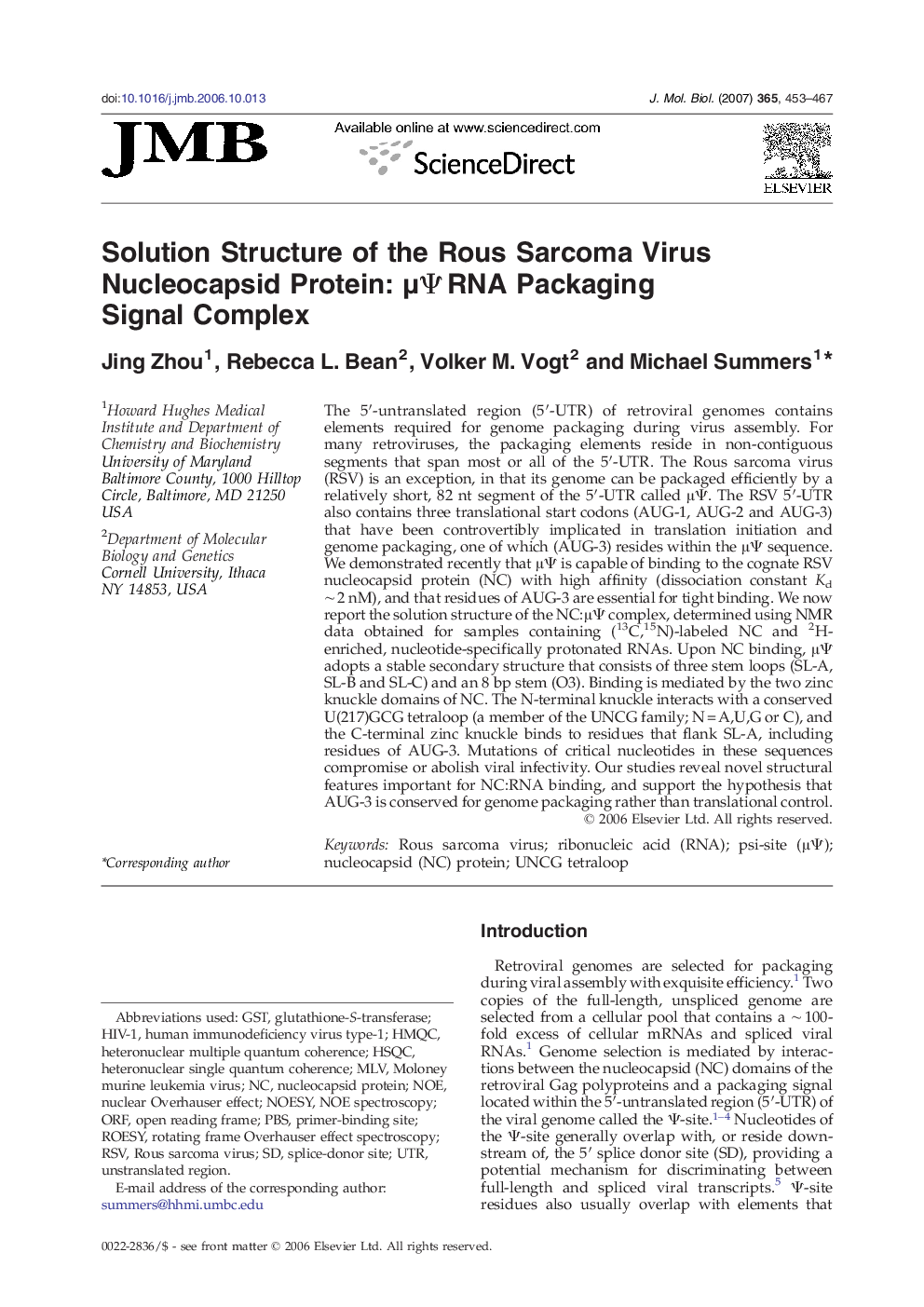 Solution Structure of the Rous Sarcoma Virus Nucleocapsid Protein: μΨ RNA Packaging Signal Complex