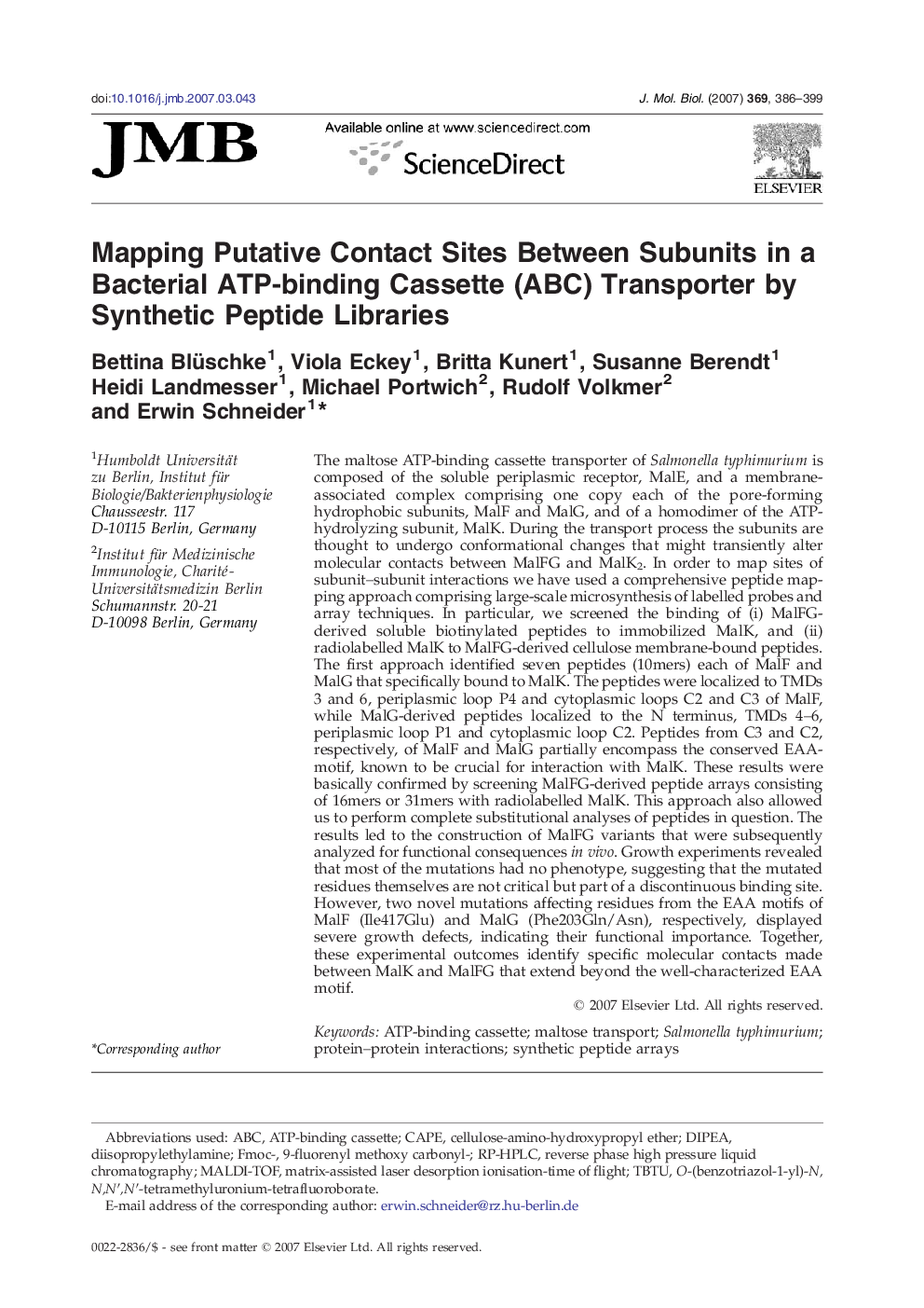 Mapping Putative Contact Sites Between Subunits in a Bacterial ATP-binding Cassette (ABC) Transporter by Synthetic Peptide Libraries