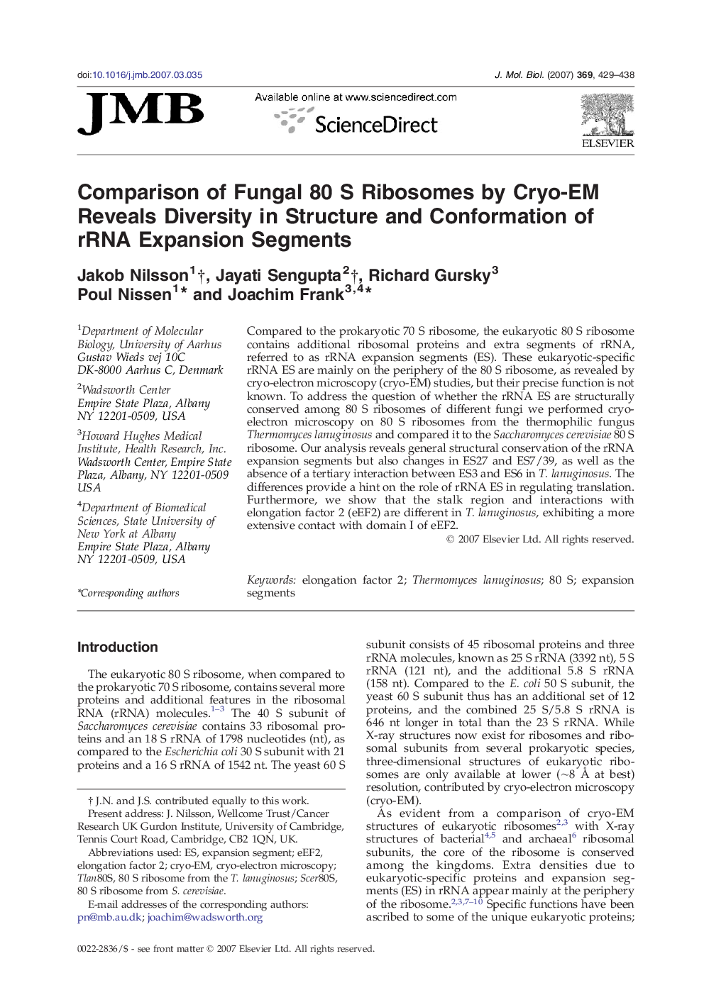 Comparison of Fungal 80 S Ribosomes by Cryo-EM Reveals Diversity in Structure and Conformation of rRNA Expansion Segments