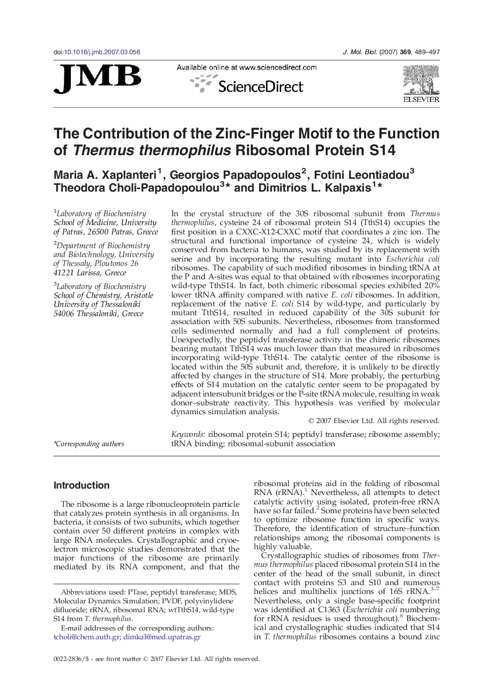 The Contribution of the Zinc-Finger Motif to the Function of Thermus thermophilus Ribosomal Protein S14