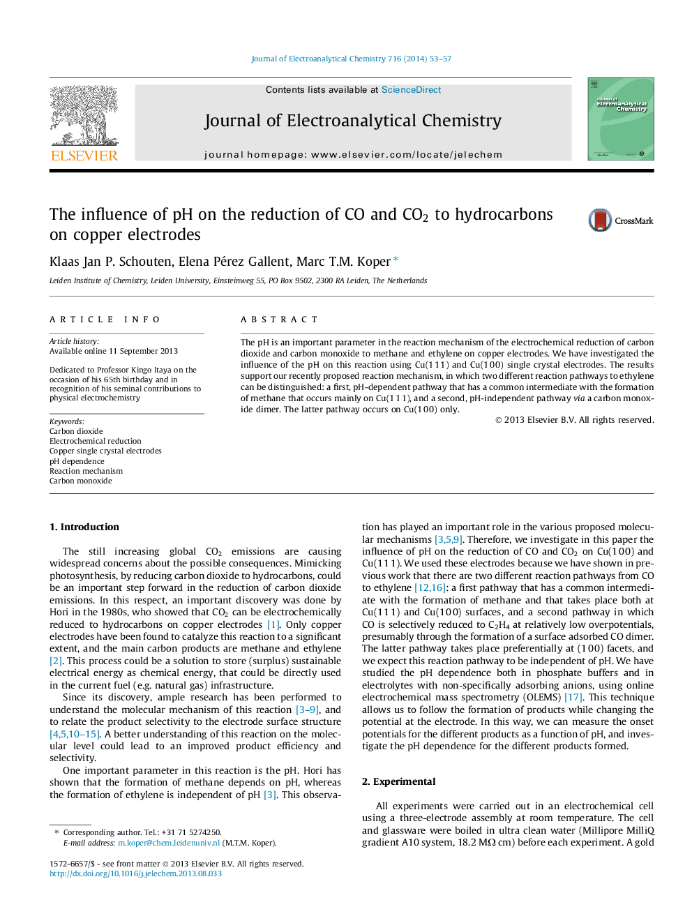 The influence of pH on the reduction of CO and CO2CO2 to hydrocarbons on copper electrodes