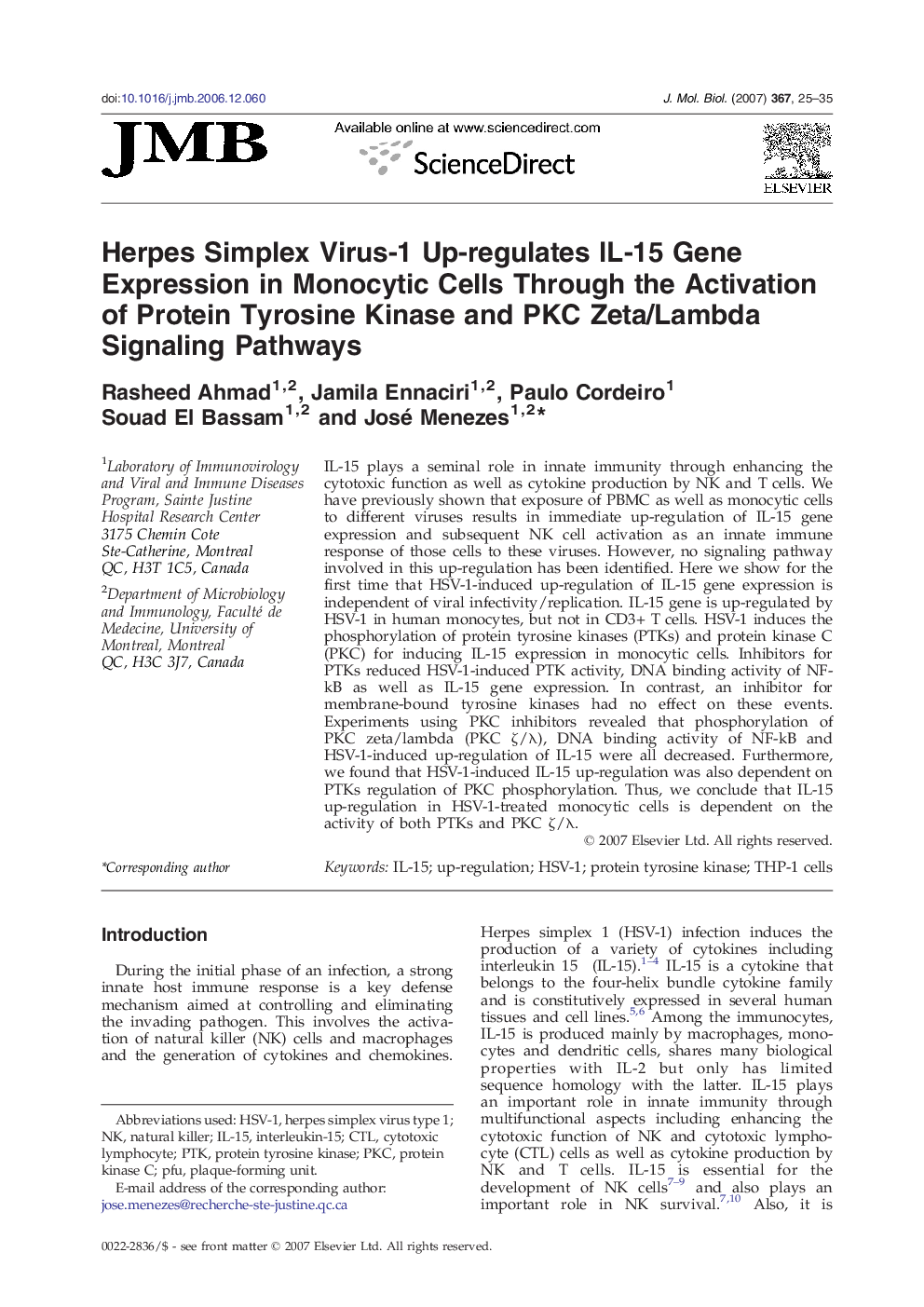 Herpes Simplex Virus-1 Up-regulates IL-15 Gene Expression in Monocytic Cells Through the Activation of Protein Tyrosine Kinase and PKC Zeta/Lambda Signaling Pathways