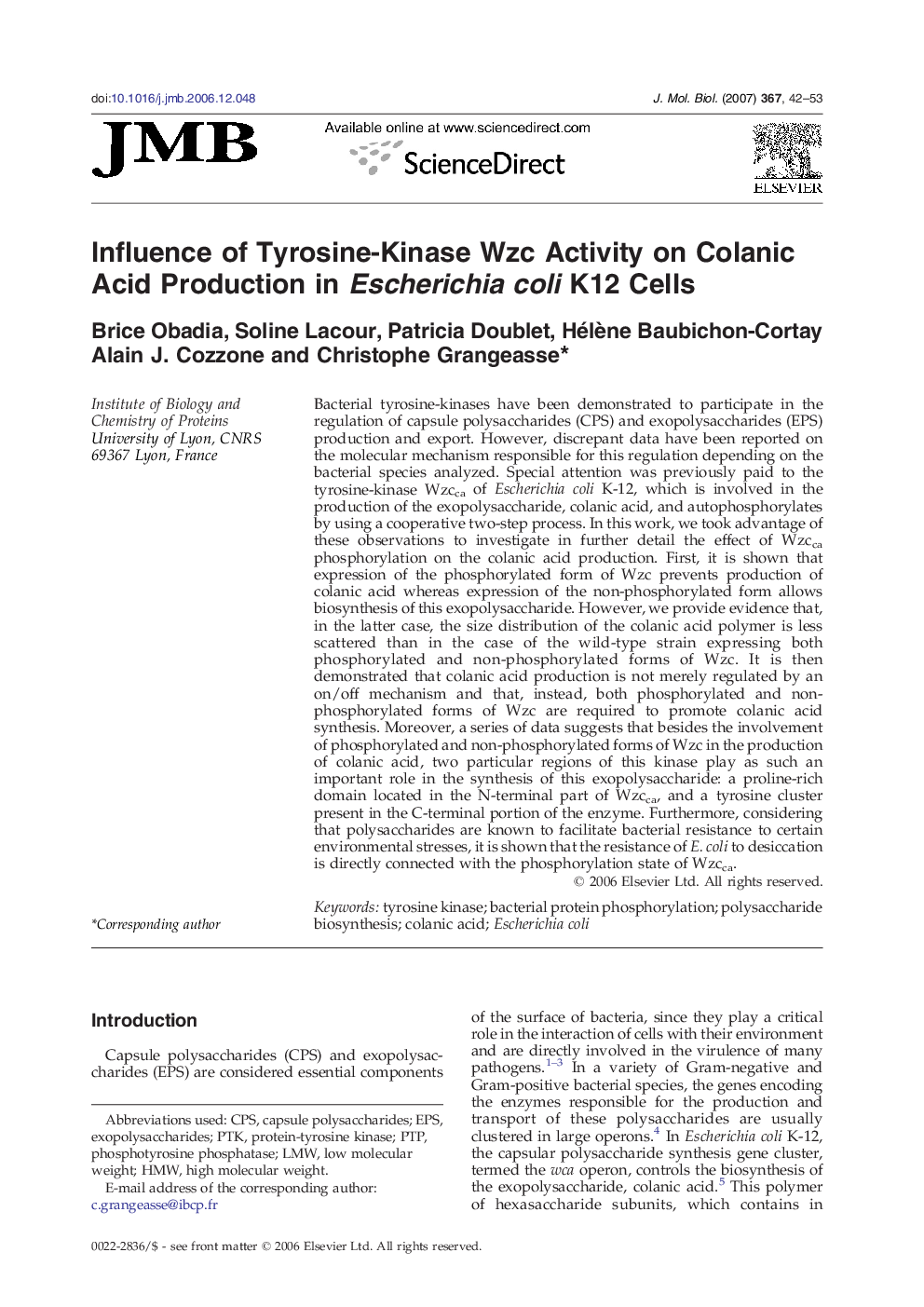 Influence of Tyrosine-Kinase Wzc Activity on Colanic Acid Production in Escherichia coli K12 Cells