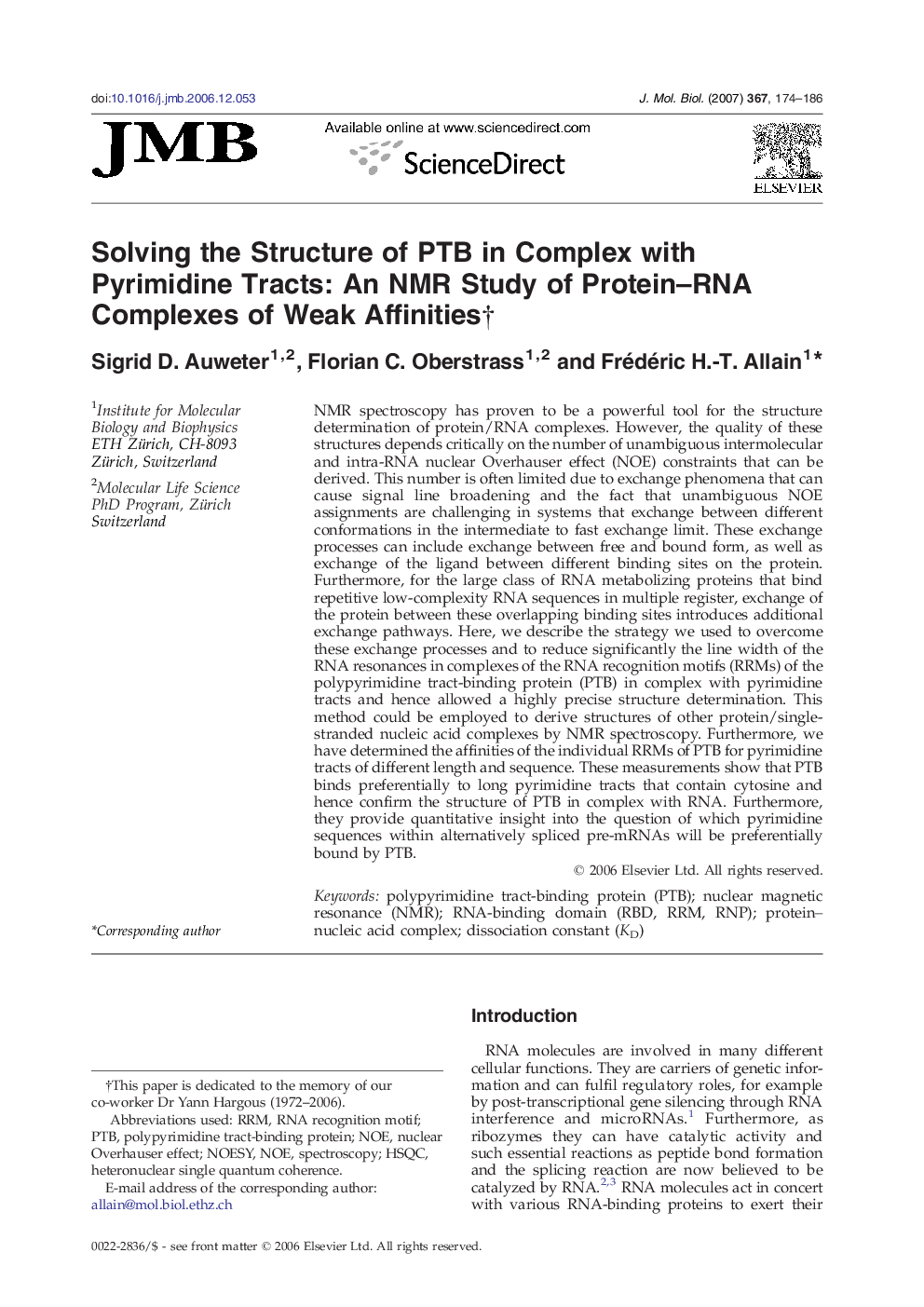 Solving the Structure of PTB in Complex with Pyrimidine Tracts: An NMR Study of Protein–RNA Complexes of Weak Affinities† †