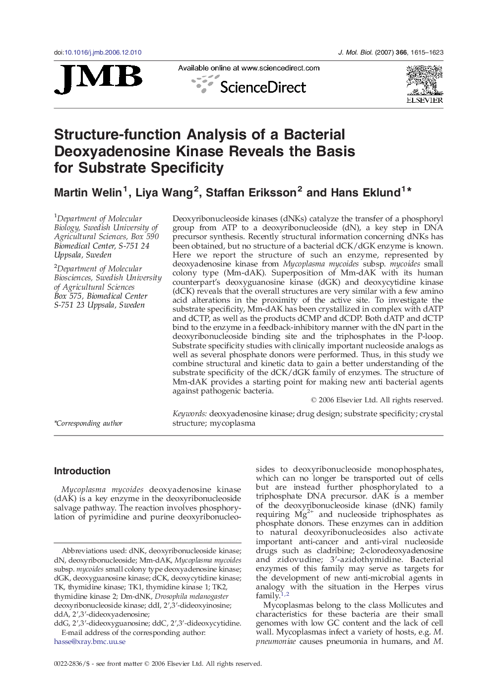 Structure-function Analysis of a Bacterial Deoxyadenosine Kinase Reveals the Basis for Substrate Specificity