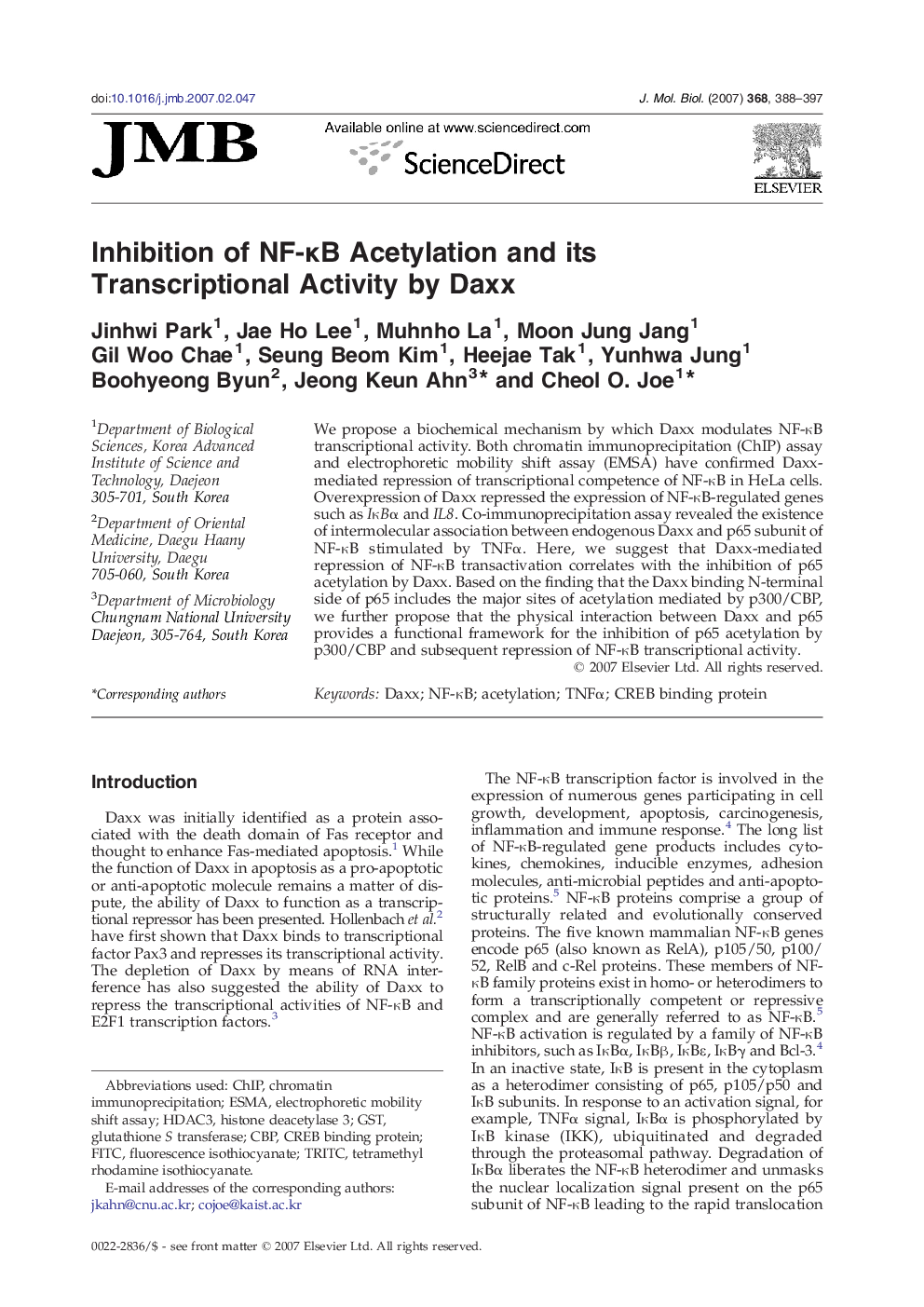 Inhibition of NF-κB Acetylation and its Transcriptional Activity by Daxx