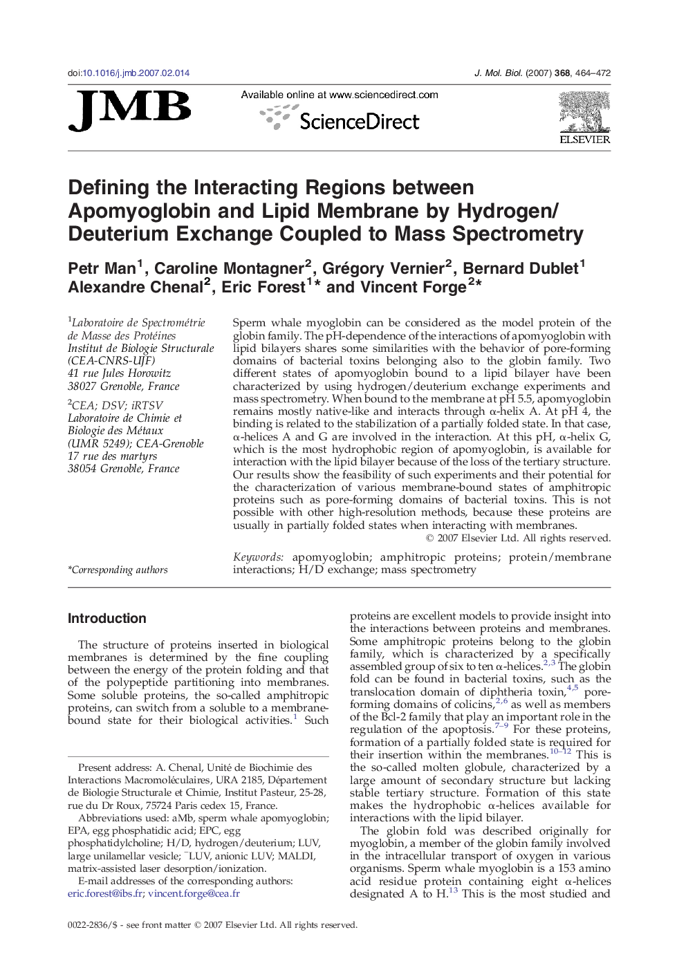 Defining the Interacting Regions between Apomyoglobin and Lipid Membrane by Hydrogen/Deuterium Exchange Coupled to Mass Spectrometry