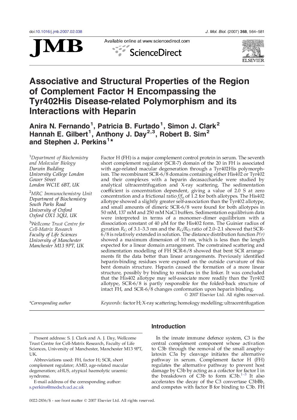 Associative and Structural Properties of the Region of Complement Factor H Encompassing the Tyr402His Disease-related Polymorphism and its Interactions with Heparin