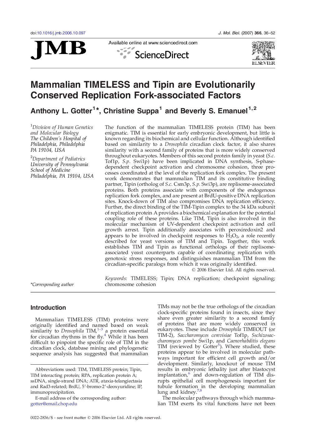 Mammalian TIMELESS and Tipin are Evolutionarily Conserved Replication Fork-associated Factors