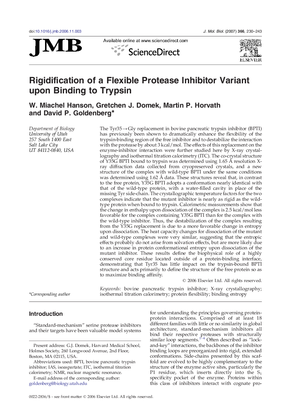 Rigidification of a Flexible Protease Inhibitor Variant upon Binding to Trypsin