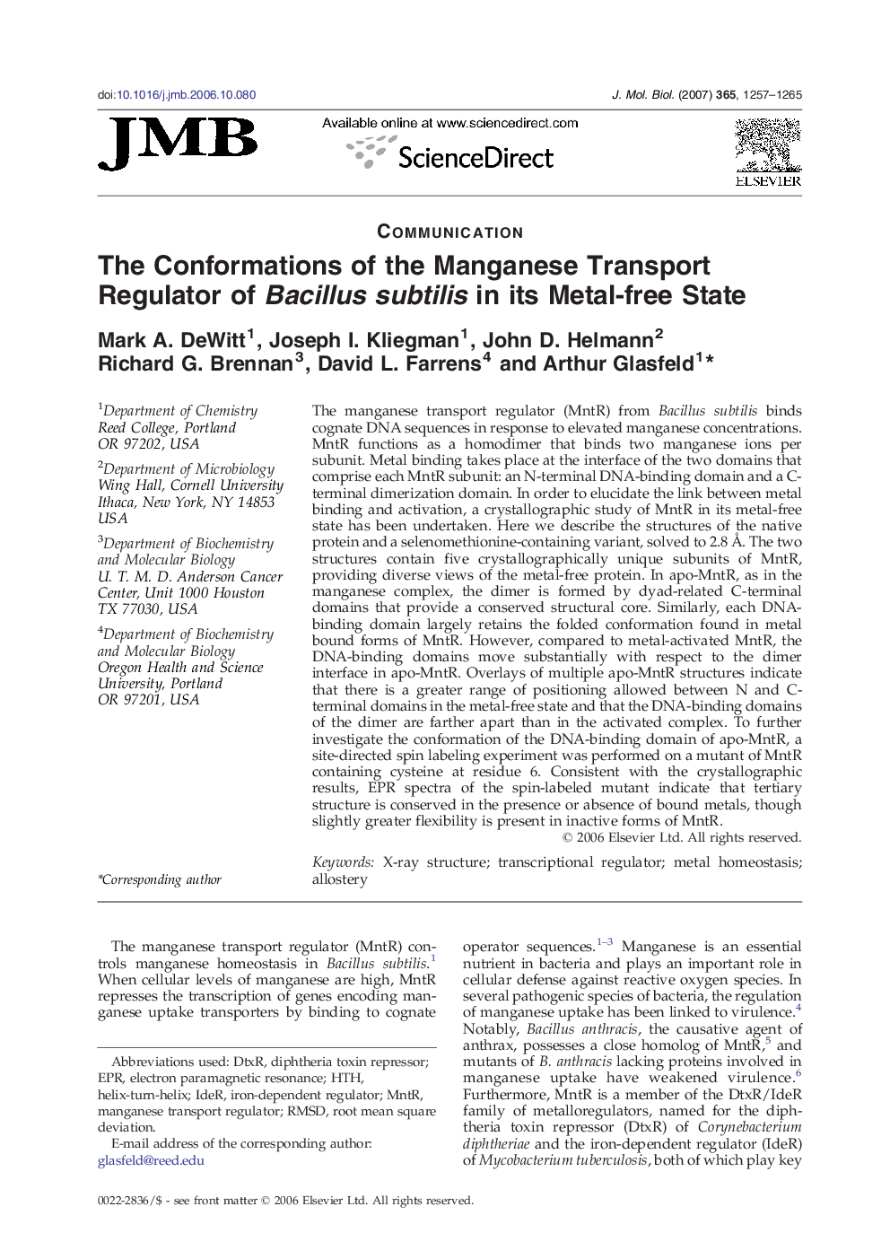 The Conformations of the Manganese Transport Regulator of Bacillus subtilis in its Metal-free State