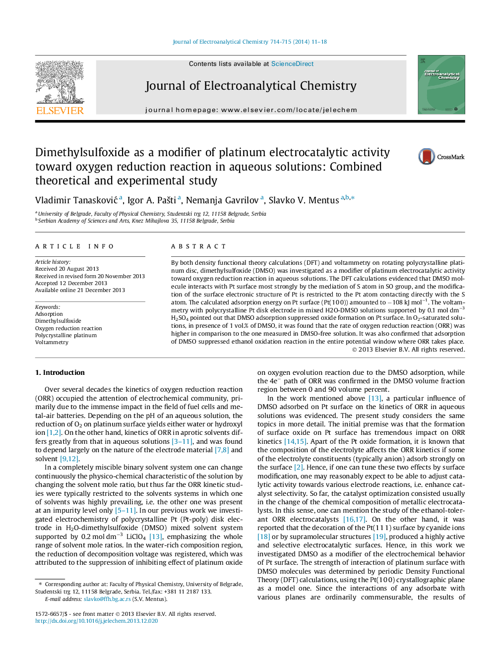 Dimethylsulfoxide as a modifier of platinum electrocatalytic activity toward oxygen reduction reaction in aqueous solutions: Combined theoretical and experimental study