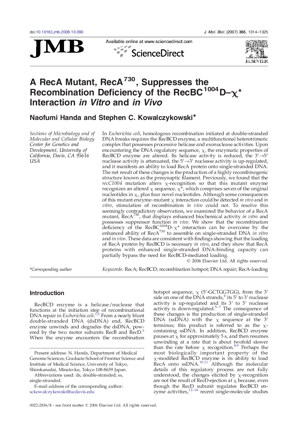 A RecA Mutant, RecA730, Suppresses the Recombination Deficiency of the RecBC1004D–χ* Interaction in Vitro and in Vivo