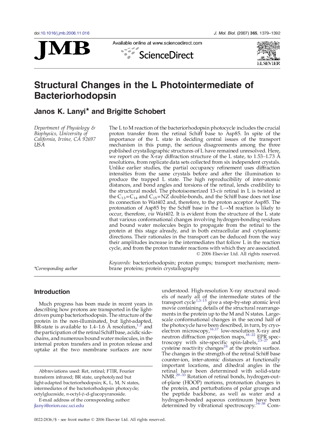 Structural Changes in the L Photointermediate of Bacteriorhodopsin