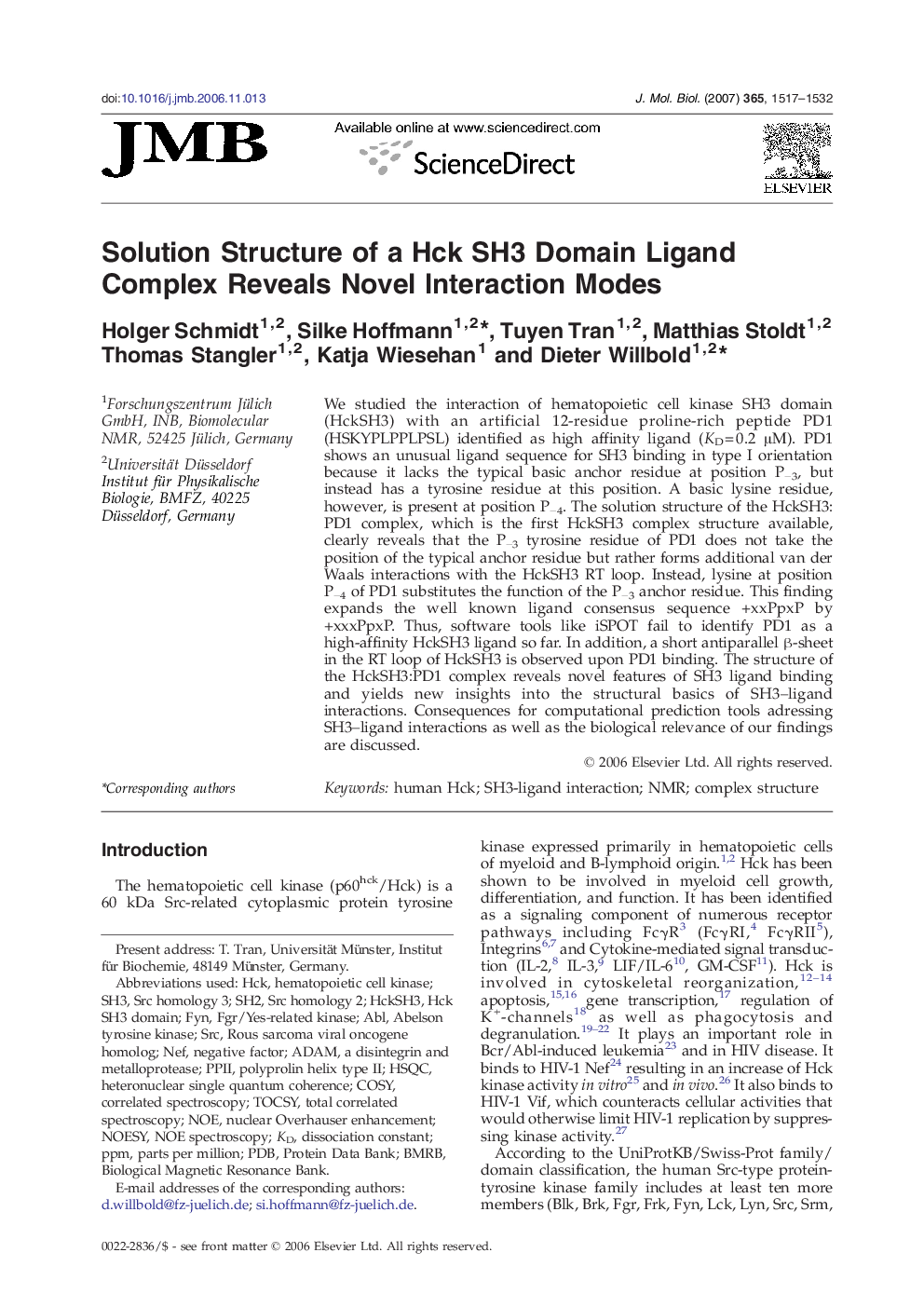 Solution Structure of a Hck SH3 Domain Ligand Complex Reveals Novel Interaction Modes