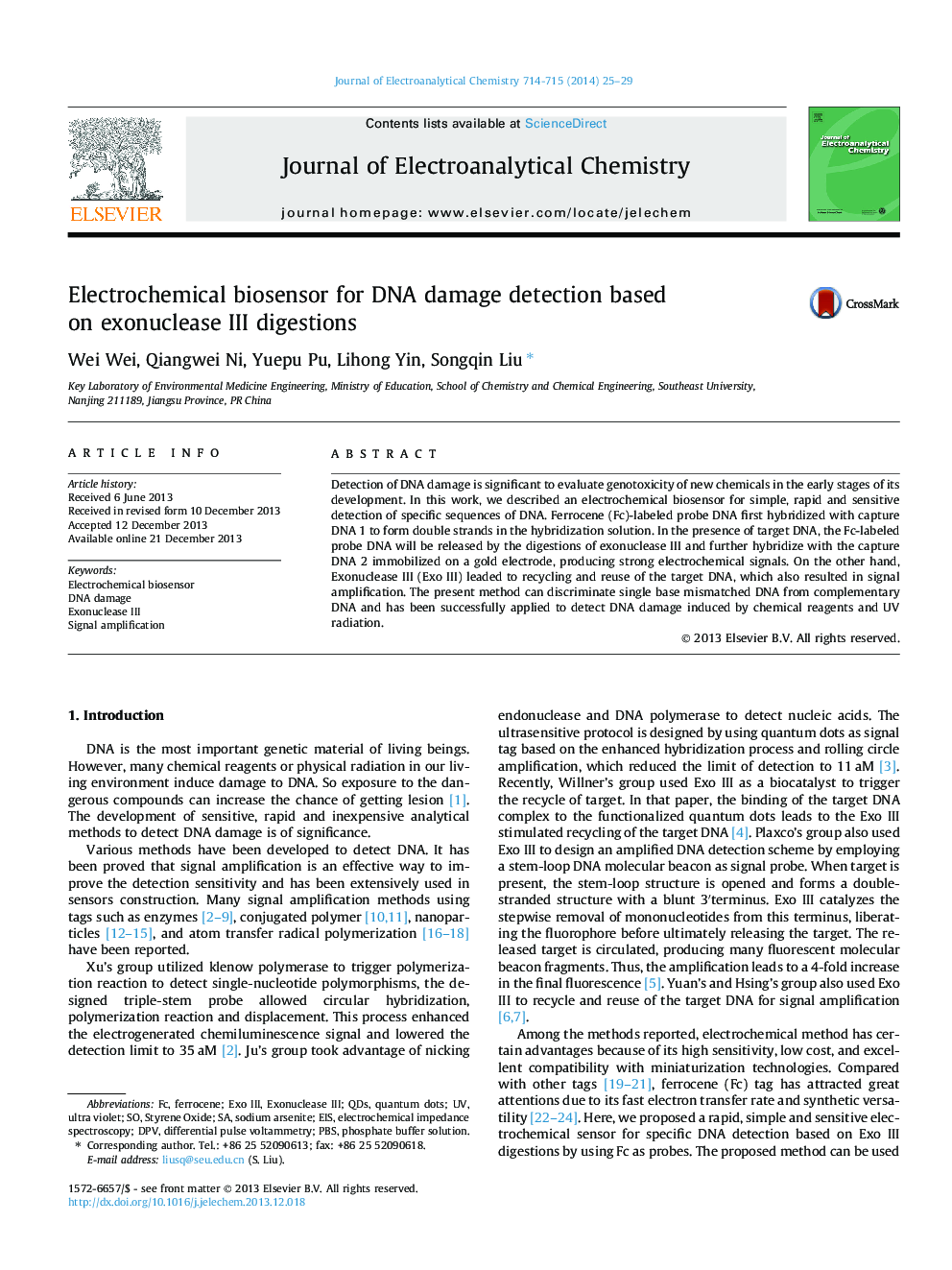 Electrochemical biosensor for DNA damage detection based on exonuclease III digestions