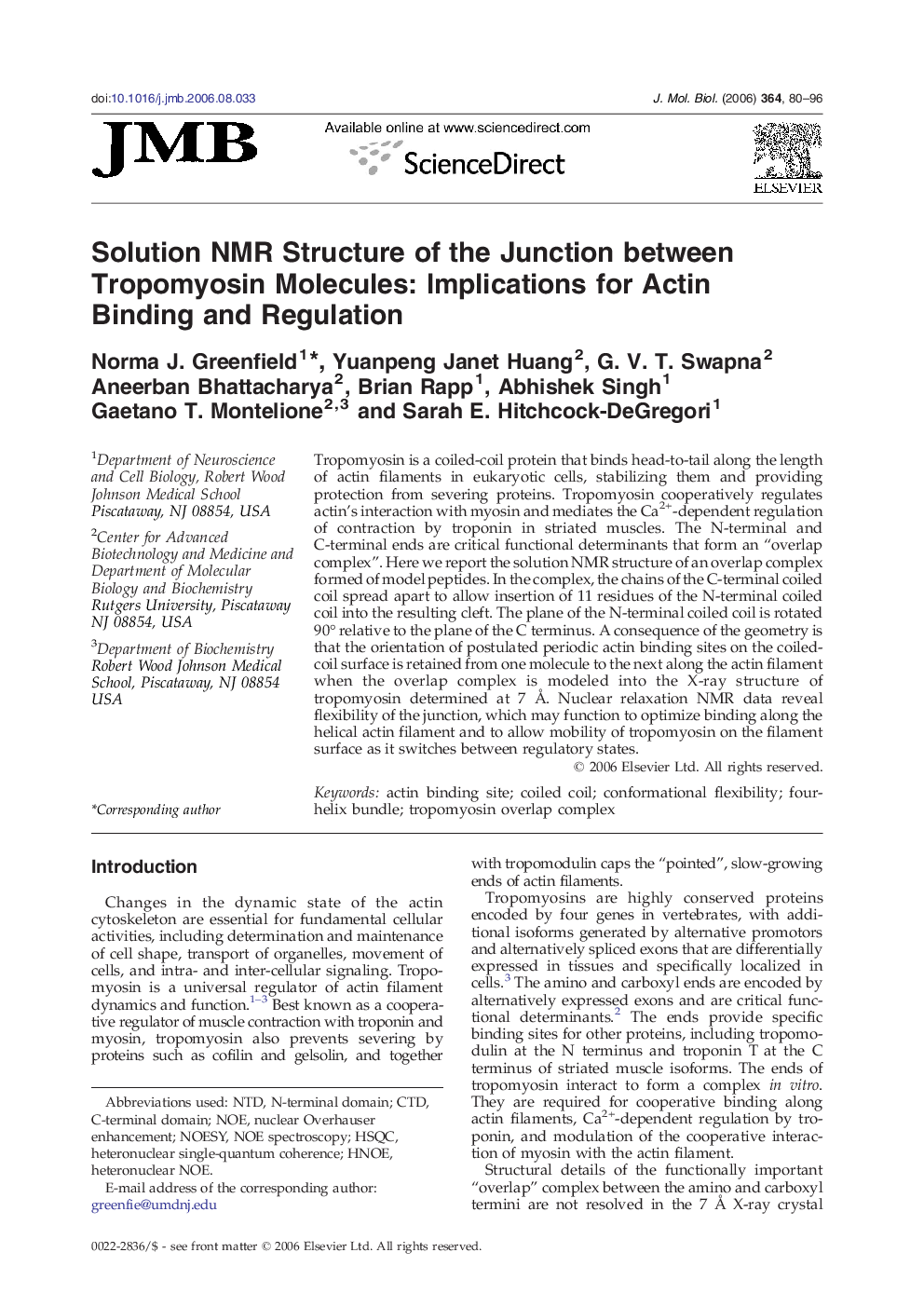 Solution NMR Structure of the Junction between Tropomyosin Molecules: Implications for Actin Binding and Regulation