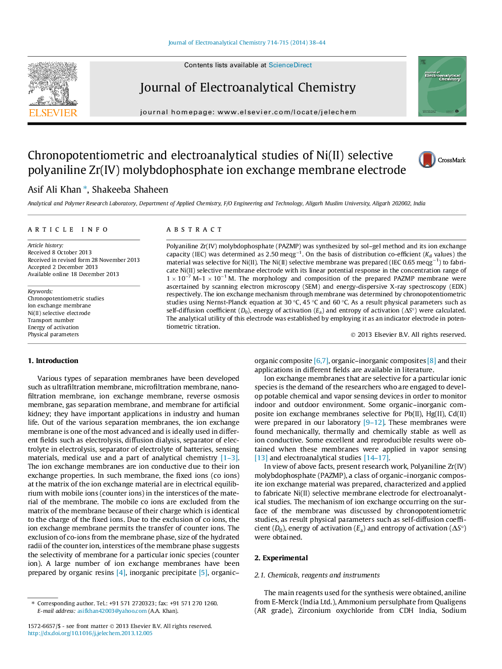 Chronopotentiometric and electroanalytical studies of Ni(II) selective polyaniline Zr(IV) molybdophosphate ion exchange membrane electrode