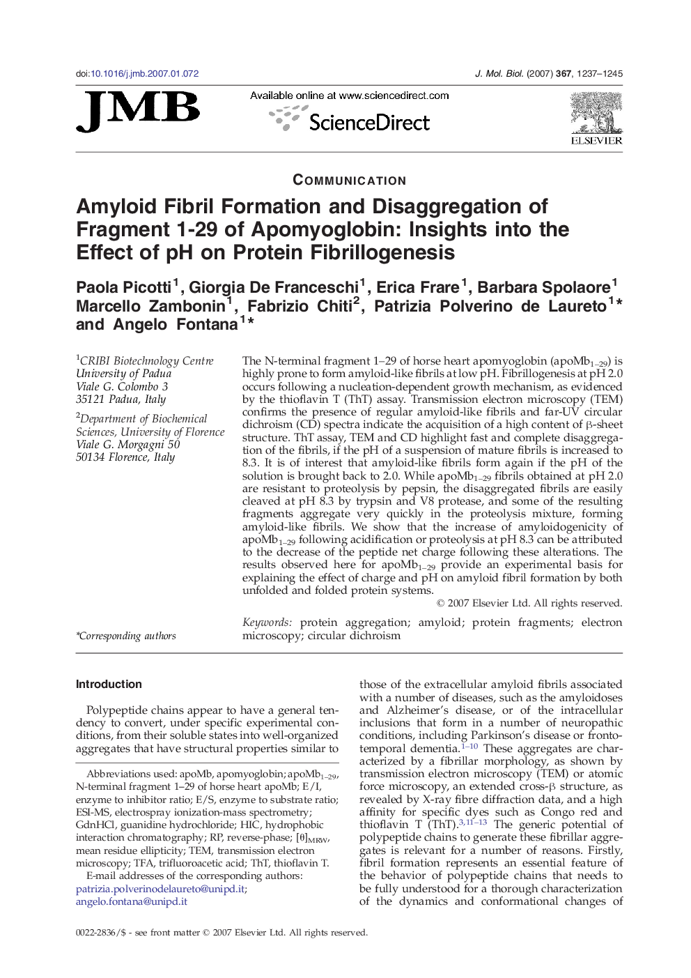 Amyloid Fibril Formation and Disaggregation of Fragment 1-29 of Apomyoglobin: Insights into the Effect of pH on Protein Fibrillogenesis