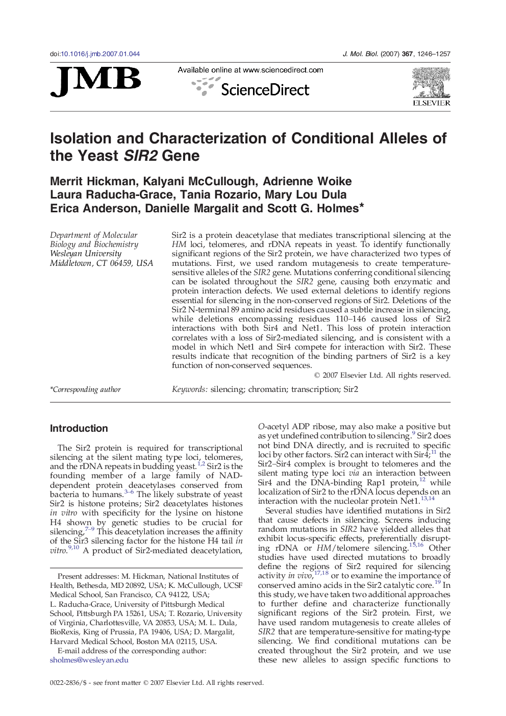 Isolation and Characterization of Conditional Alleles of the Yeast SIR2 Gene