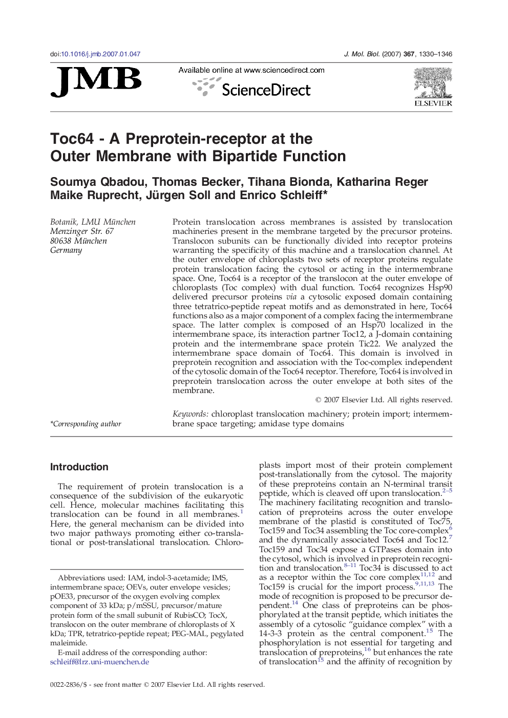 Toc64 - A Preprotein-receptor at the Outer Membrane with Bipartide Function