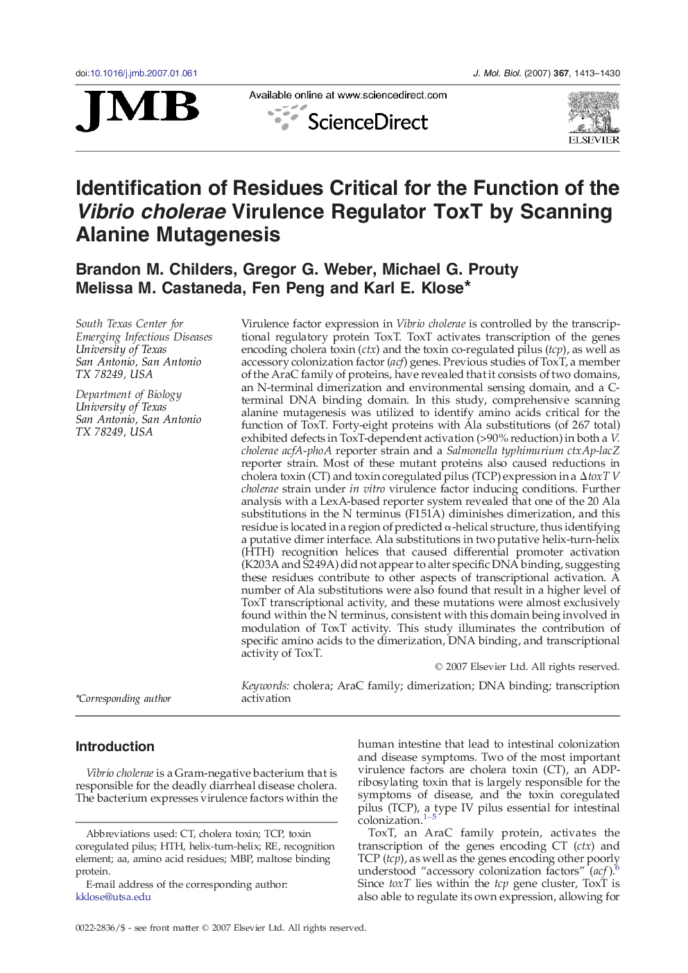 Identification of Residues Critical for the Function of the Vibrio cholerae Virulence Regulator ToxT by Scanning Alanine Mutagenesis