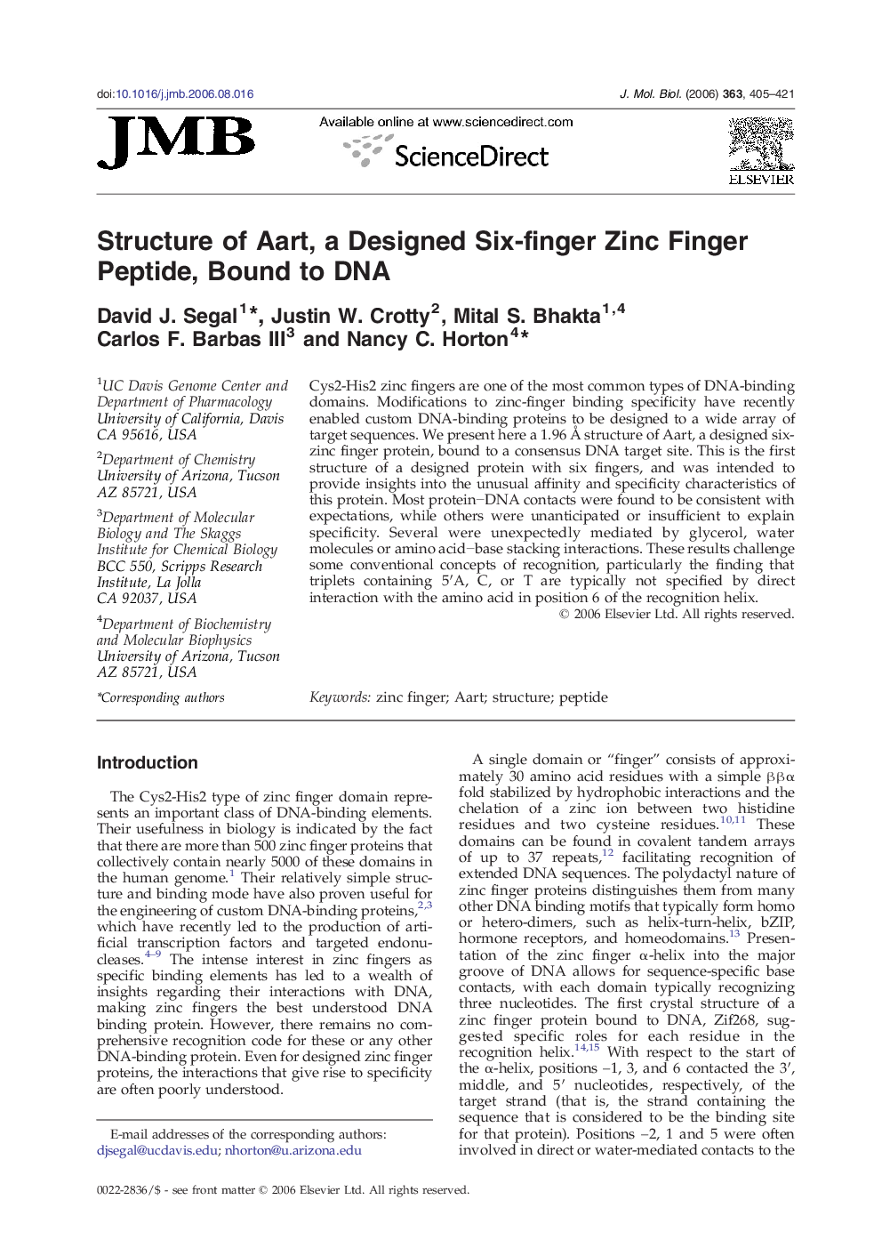 Structure of Aart, a Designed Six-finger Zinc Finger Peptide, Bound to DNA