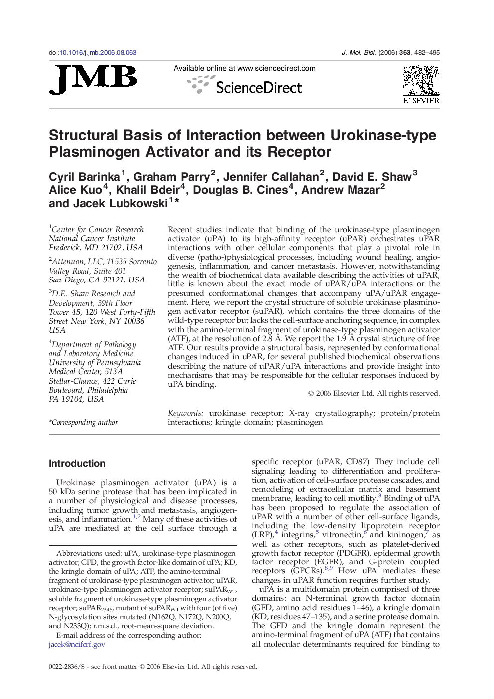 Structural Basis of Interaction between Urokinase-type Plasminogen Activator and its Receptor