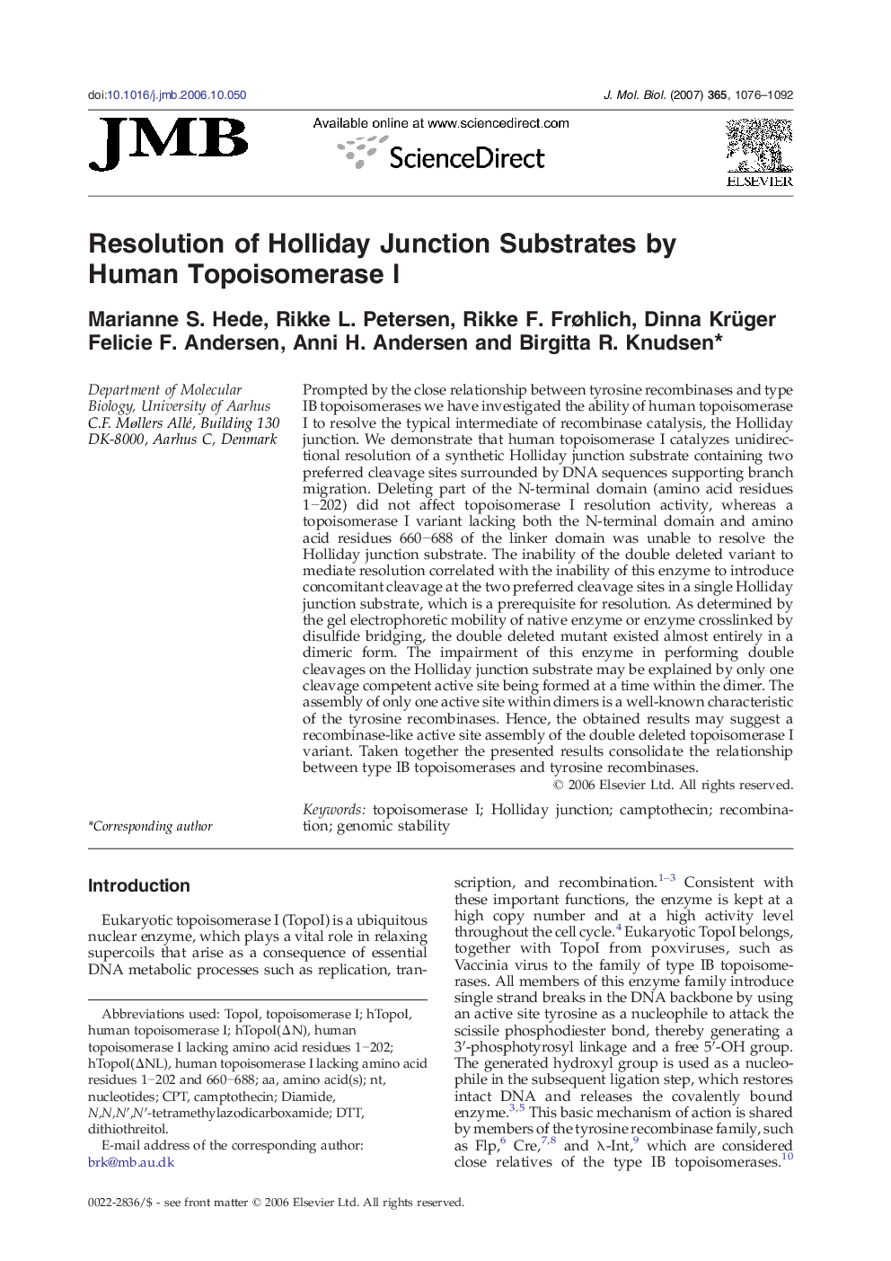 Resolution of Holliday Junction Substrates by Human Topoisomerase I