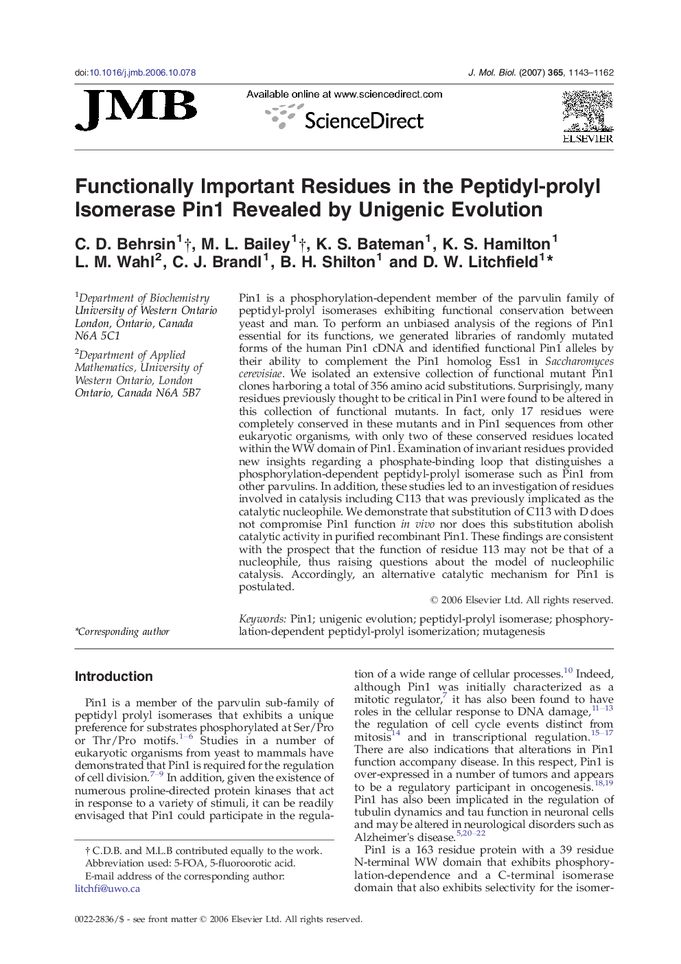 Functionally Important Residues in the Peptidyl-prolyl Isomerase Pin1 Revealed by Unigenic Evolution