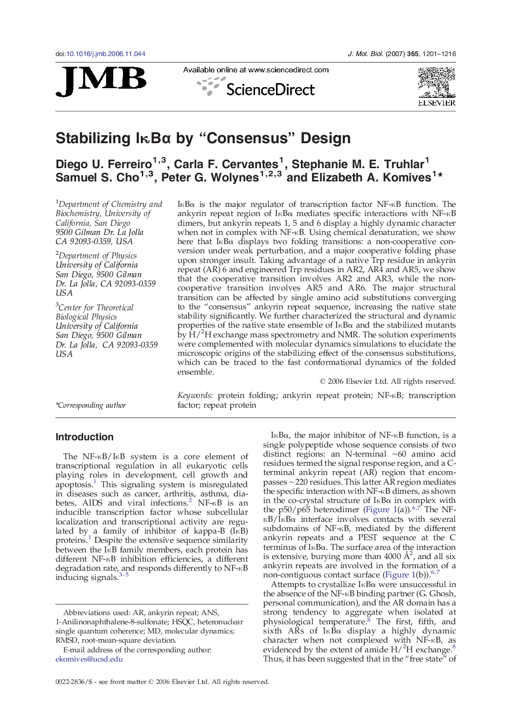 Stabilizing IκBα by “Consensus” Design