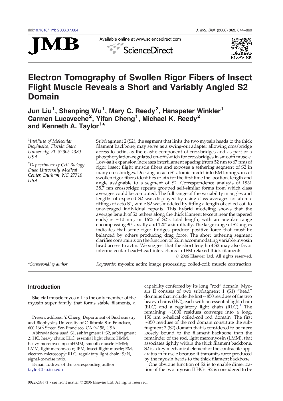 Electron Tomography of Swollen Rigor Fibers of Insect Flight Muscle Reveals a Short and Variably Angled S2 Domain