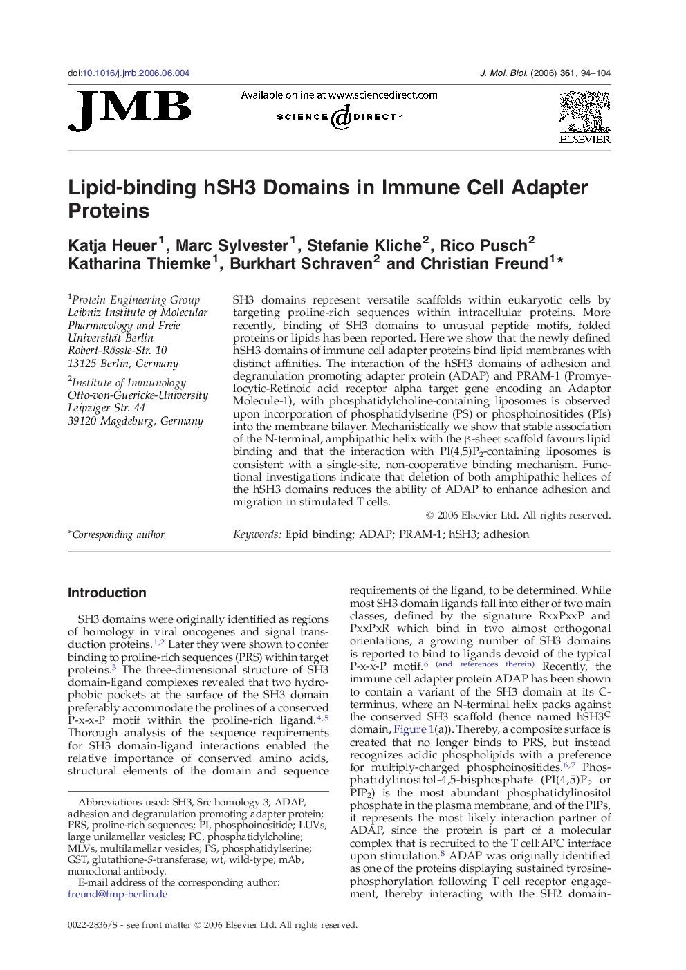 Lipid-binding hSH3 Domains in Immune Cell Adapter Proteins