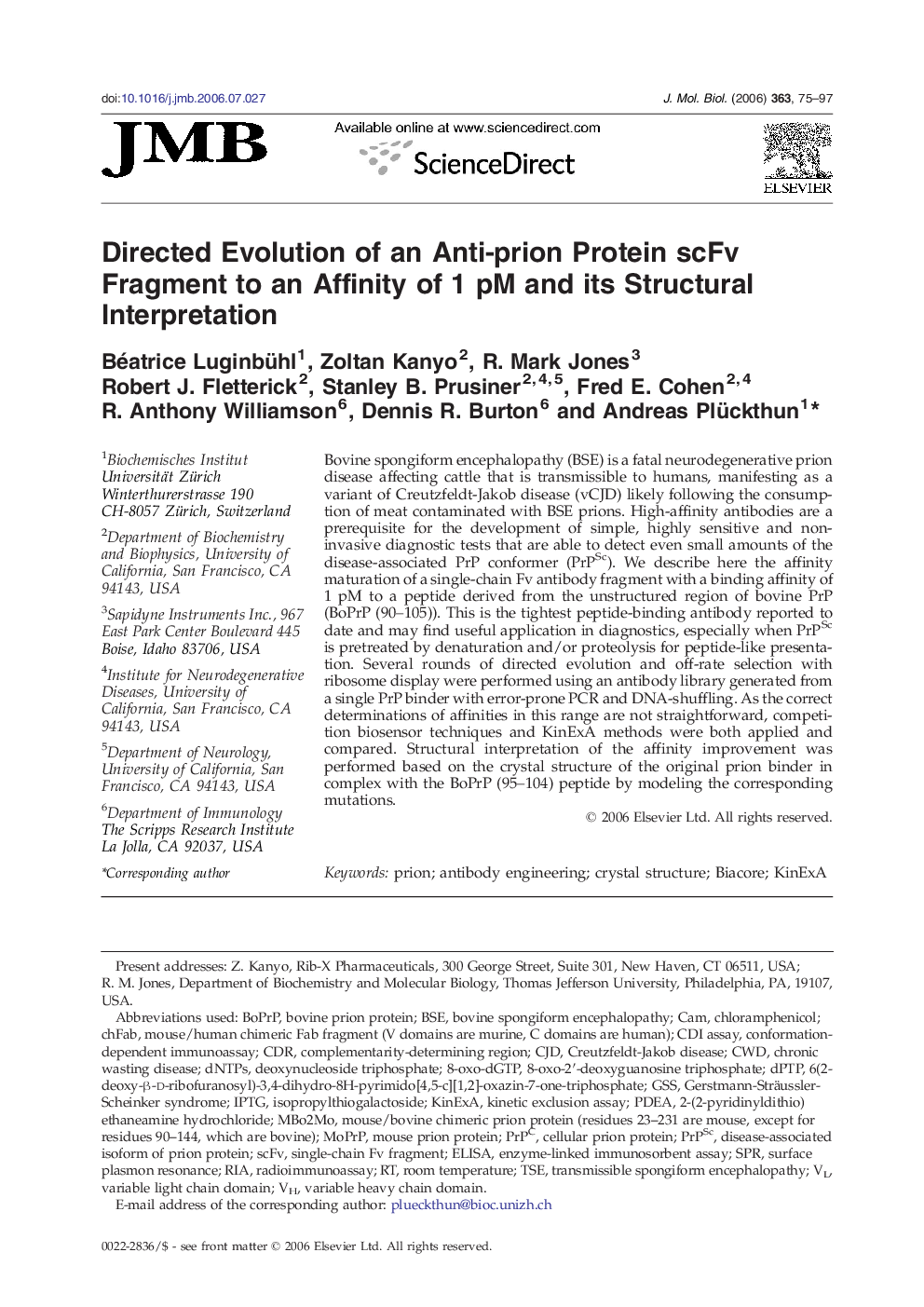 Directed Evolution of an Anti-prion Protein scFv Fragment to an Affinity of 1 pM and its Structural Interpretation