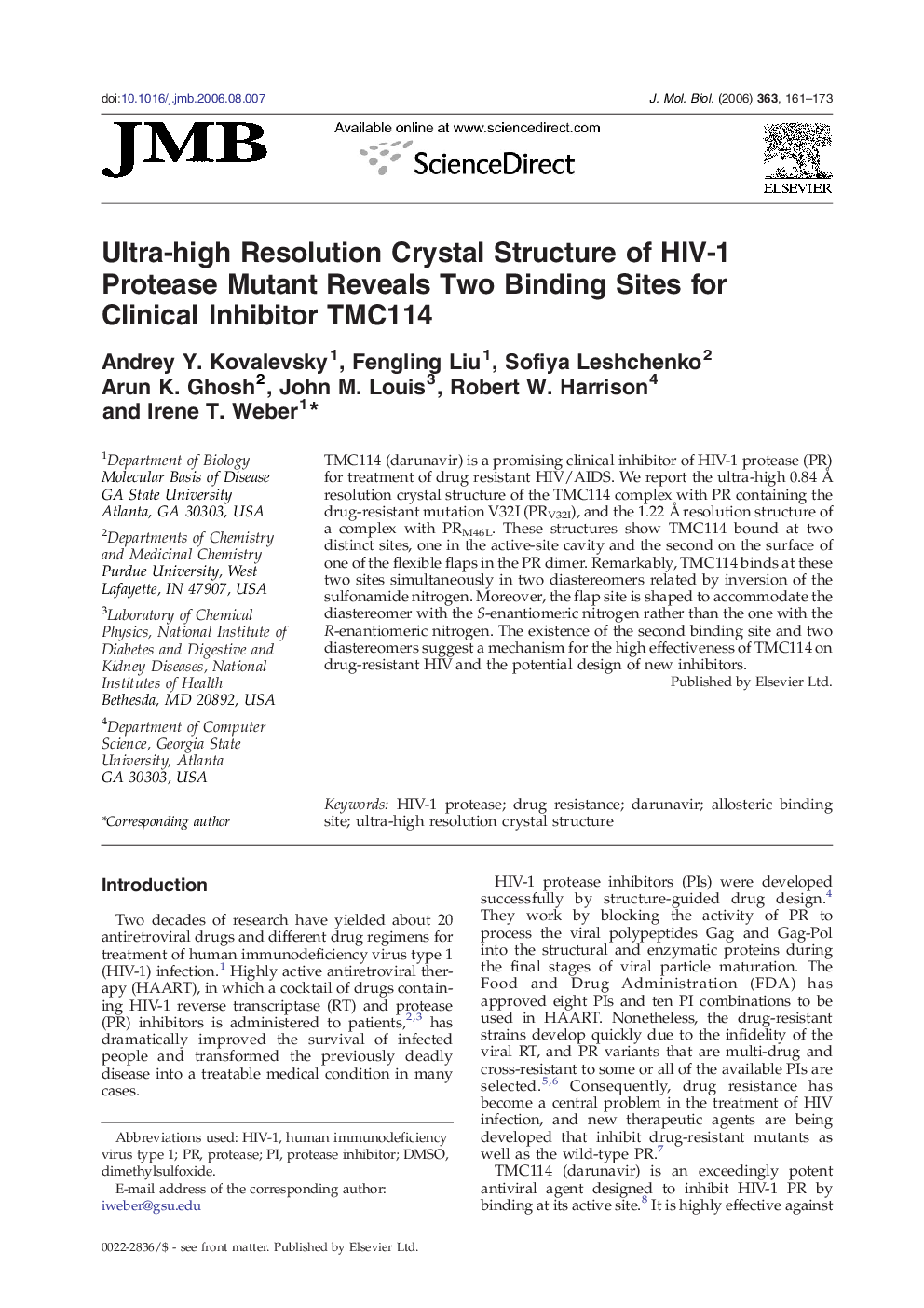 Ultra-high Resolution Crystal Structure of HIV-1 Protease Mutant Reveals Two Binding Sites for Clinical Inhibitor TMC114