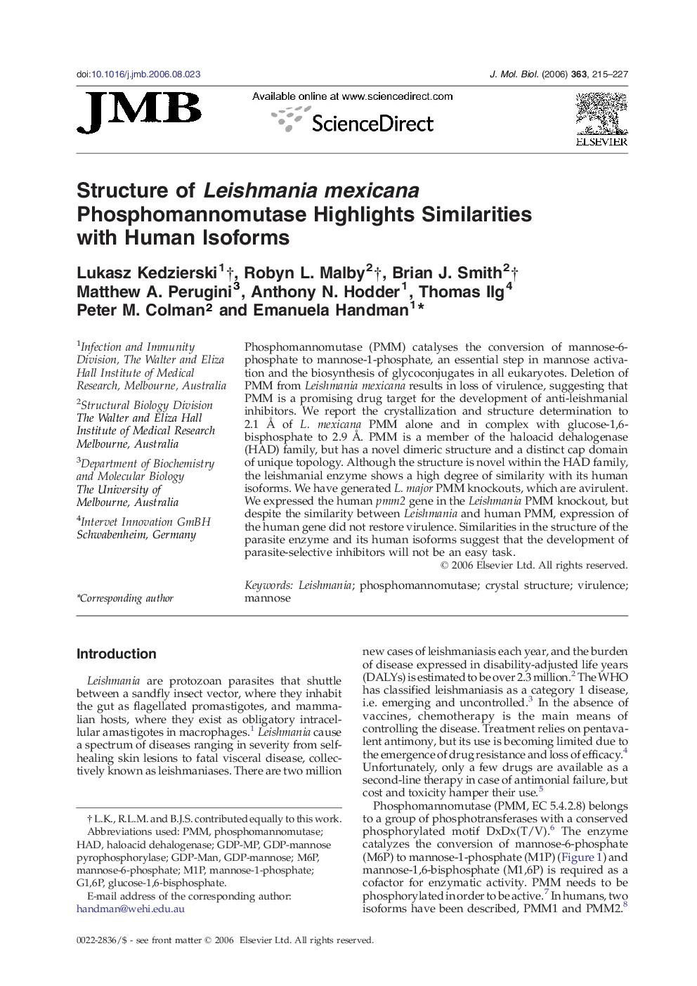 Structure of Leishmania mexicana Phosphomannomutase Highlights Similarities with Human Isoforms