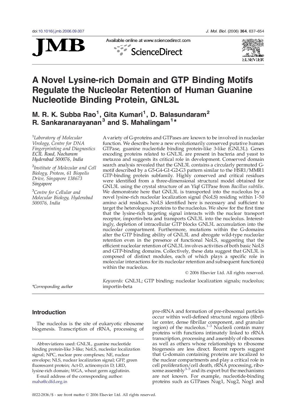 A Novel Lysine-rich Domain and GTP Binding Motifs Regulate the Nucleolar Retention of Human Guanine Nucleotide Binding Protein, GNL3L