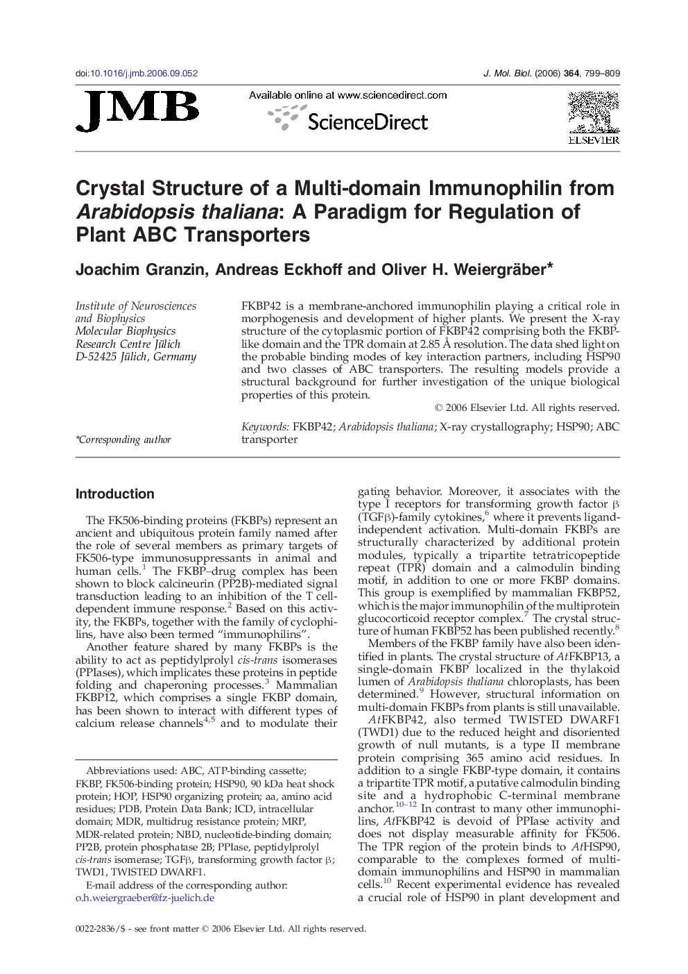 Crystal Structure of a Multi-domain Immunophilin from Arabidopsis thaliana: A Paradigm for Regulation of Plant ABC Transporters