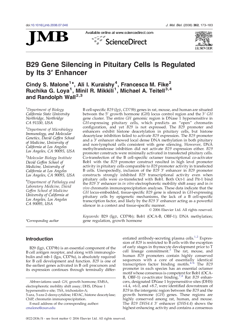 B29 Gene Silencing in Pituitary Cells Is Regulated by Its 3′ Enhancer